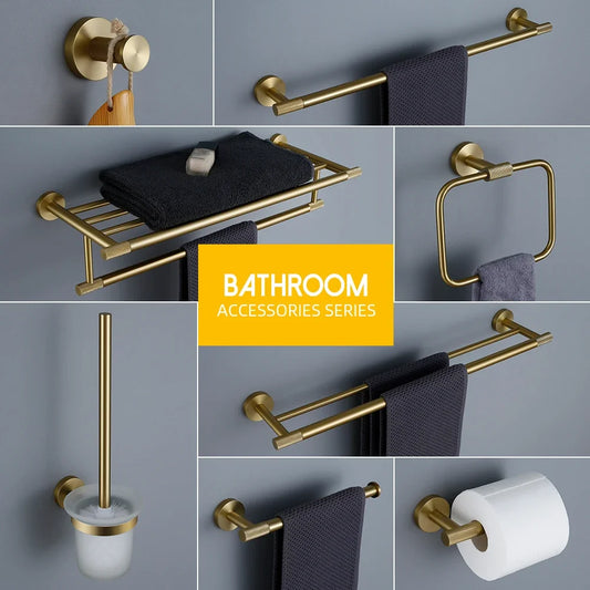 Bathroom Hardware Accessories Brushed Gold Knurled Brass Kit Towel Bar Ring Robe Hook Paper Holder Towel Ring Toilet Brush