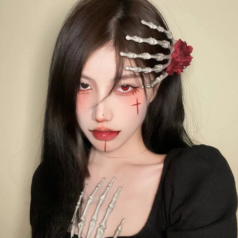 Dark Gothic Style Skeleton Hand Rose Hair Clip Headwear Hair Accessory Hairpin Hairstyle For Halloween Party Makeup Cosmetic