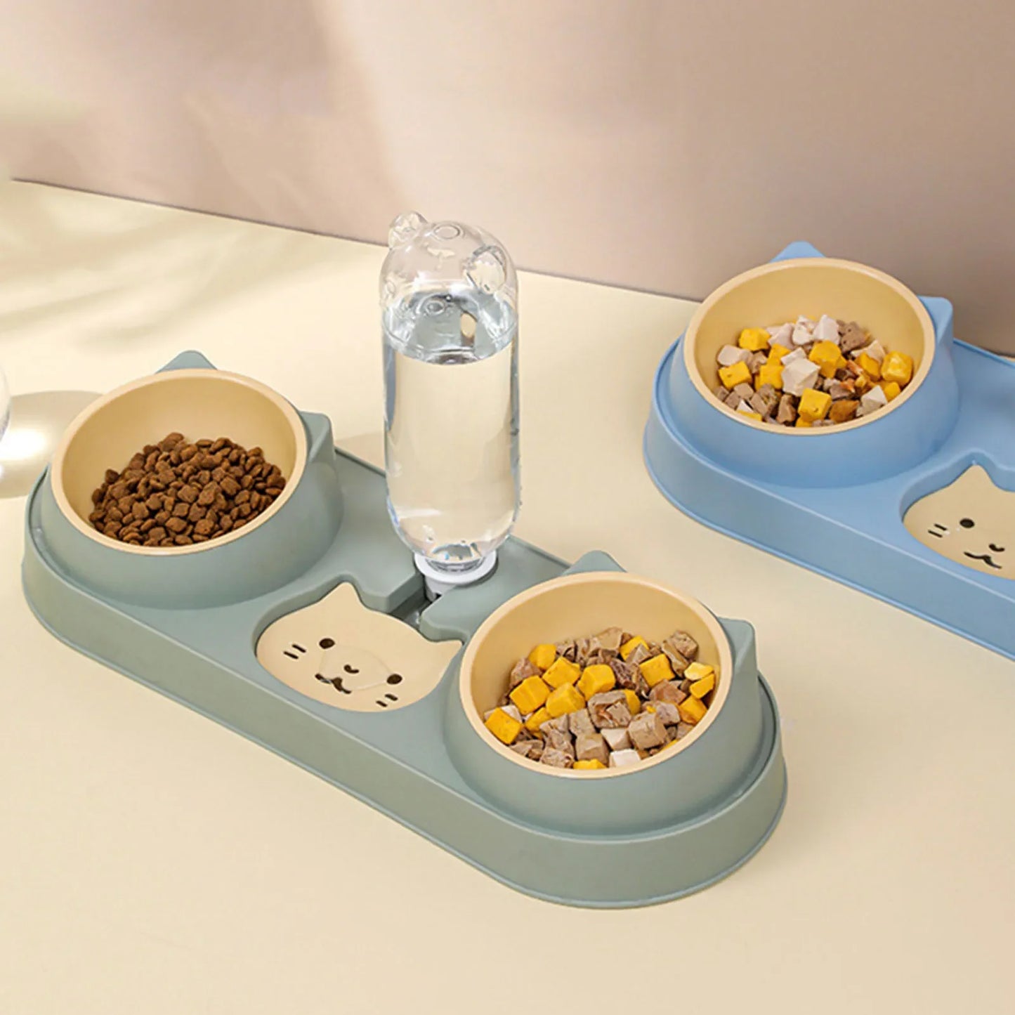 Automatic Double Bowl Feeder With Water Fountain Drinking Raised Stand