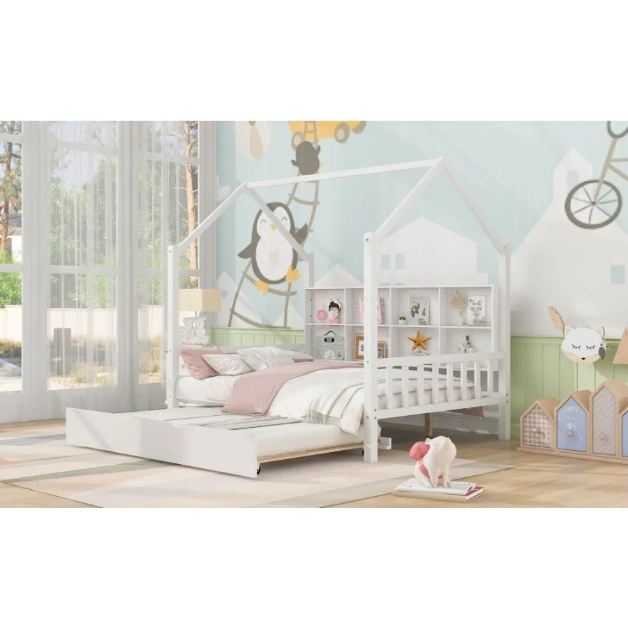 Wooden Full Size House Bed with Trundle Bed with Shelf