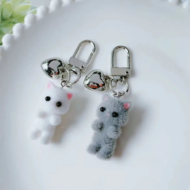 Cute Flocking Cat Keychain 3D Love Phone Pendant Headphone Case Charm Bag Decor Car Key Ring Jewelry Gift