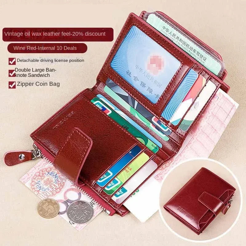 Fashion Vintage RFID Blocking Women Wallet Genuine Leather Fold The Zipper Wallet Credit Card Holder Coin Purse Wallet for Women