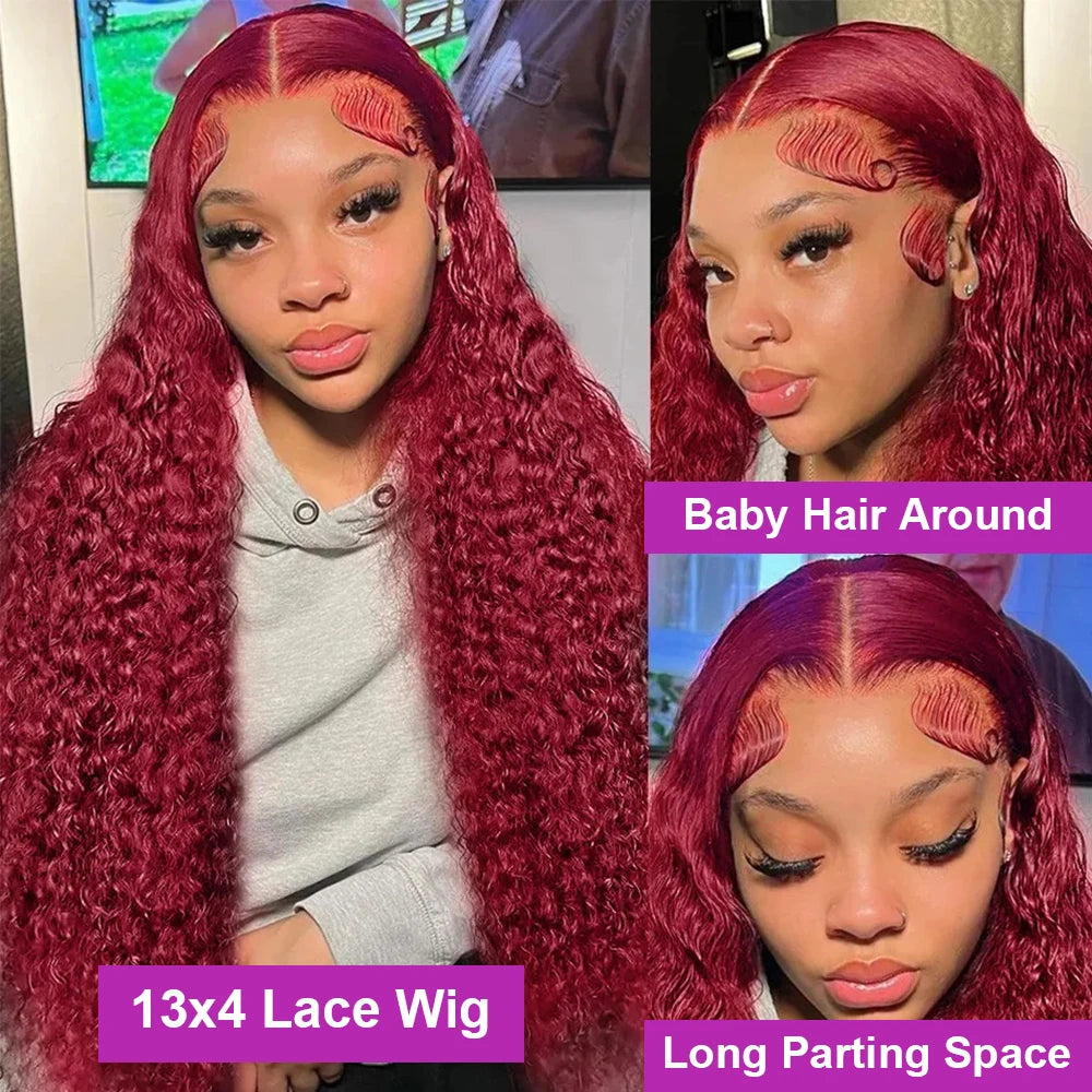 99J Burgundy Colored Curly Wig Transparent 13x6 Lace Frontal Human Hair Preplucked 13x4 HD Lace Frontal Deep Wave Wigs For Women