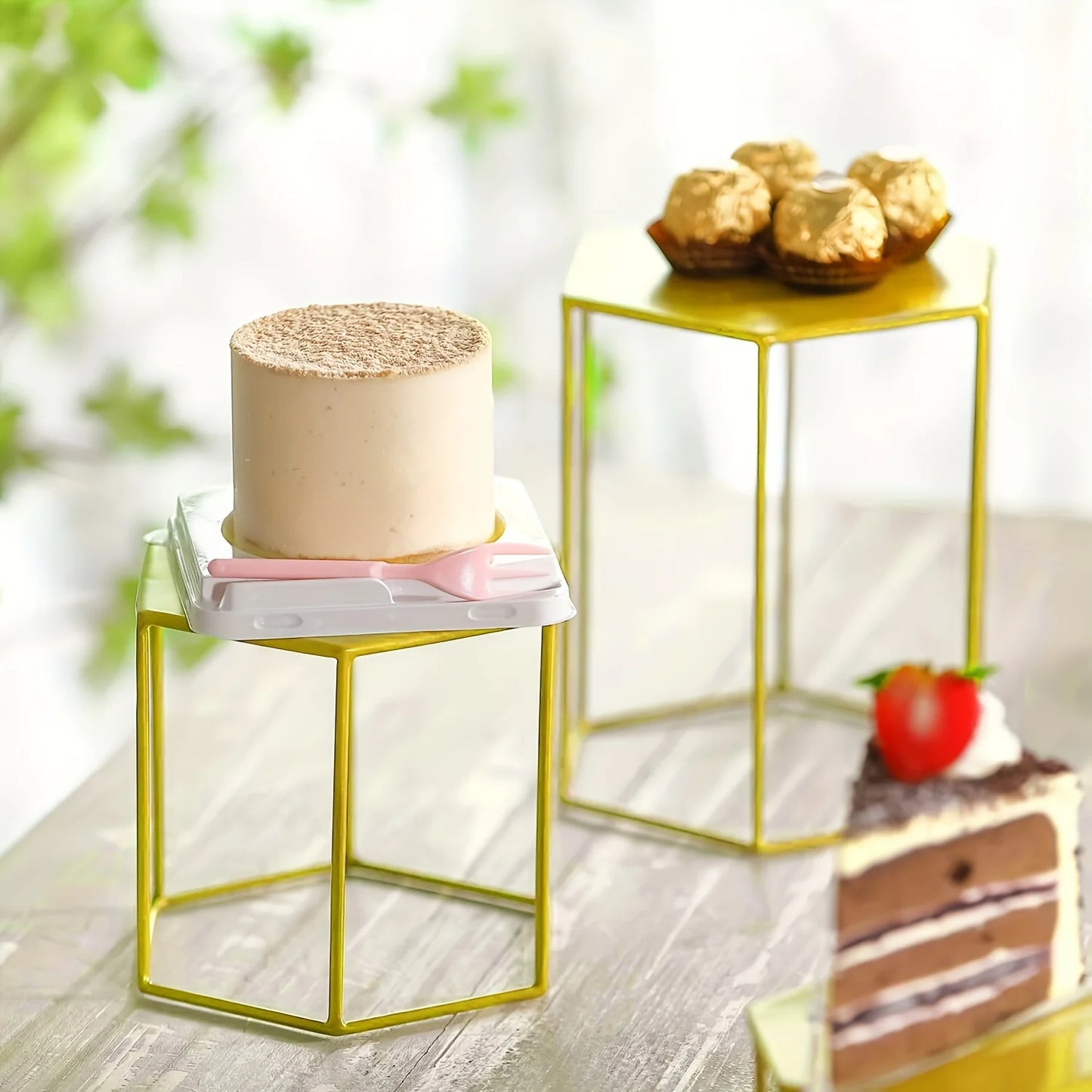 A set of 4 metal hexagonal food display racks, used for food, cupcakes, pizzas, and potted plants, Halloween and Christmas decor