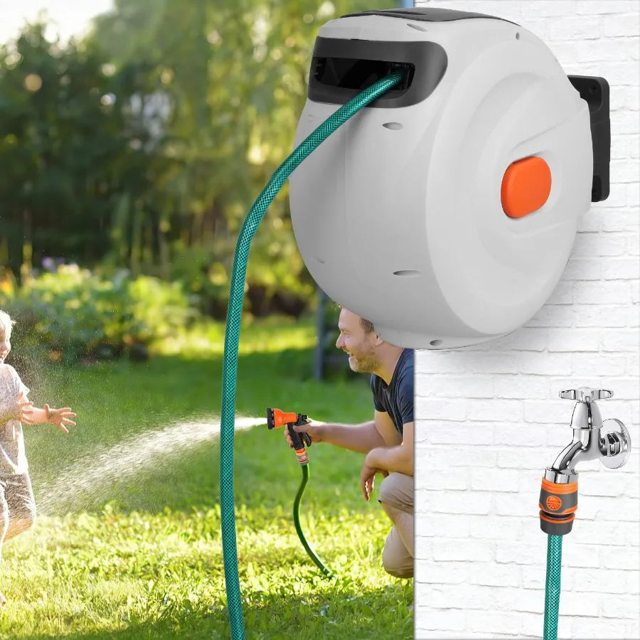 Retractable Garden Hose Reel Wall Mounted Automatic Water Hose Reel with Any Length Lock 8 Pattern Spraying Modes 180 Swivel Br