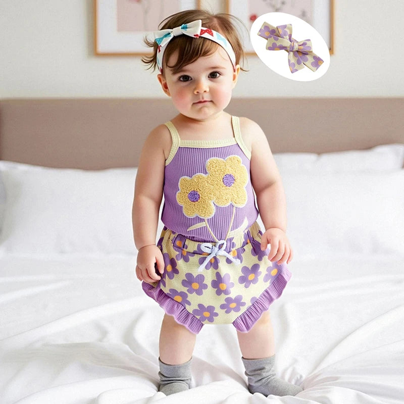 Toddler Girl Summer Outfit Floral Embroidered Sleeveless Bodysuit Elastic Waist Ruffle Shorts Headband 3 Piece Set for Baby Girl
