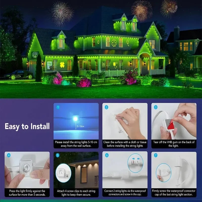 LED Lights 45M Permanent Outdoor Lights Smart RGBIC Eaves Festival Flashing Lighting Fairy String Christmas Holiday Decorations