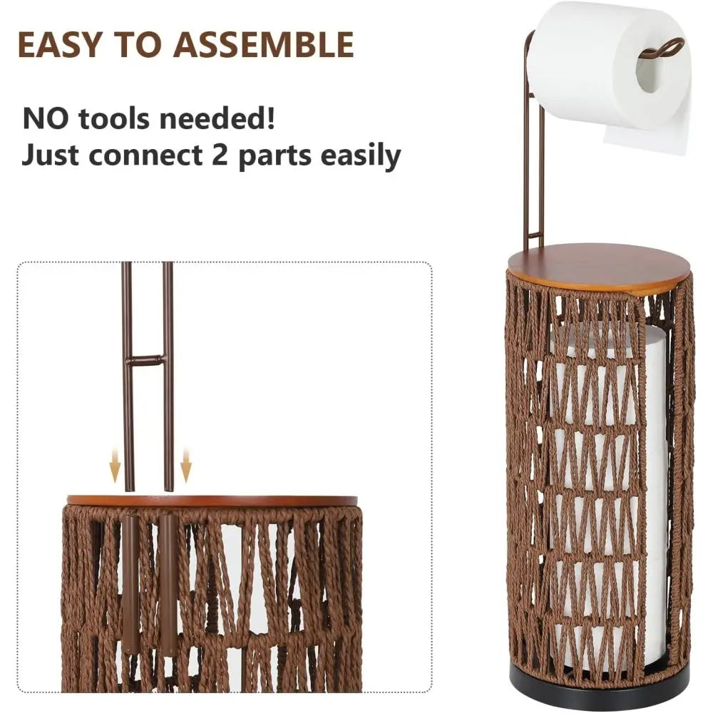 Freestanding Toilet Paper Holder with Storage,3 Rolls of Tissue Holder for Bathroom,Handmade WovenToilet Roll Holder Stand