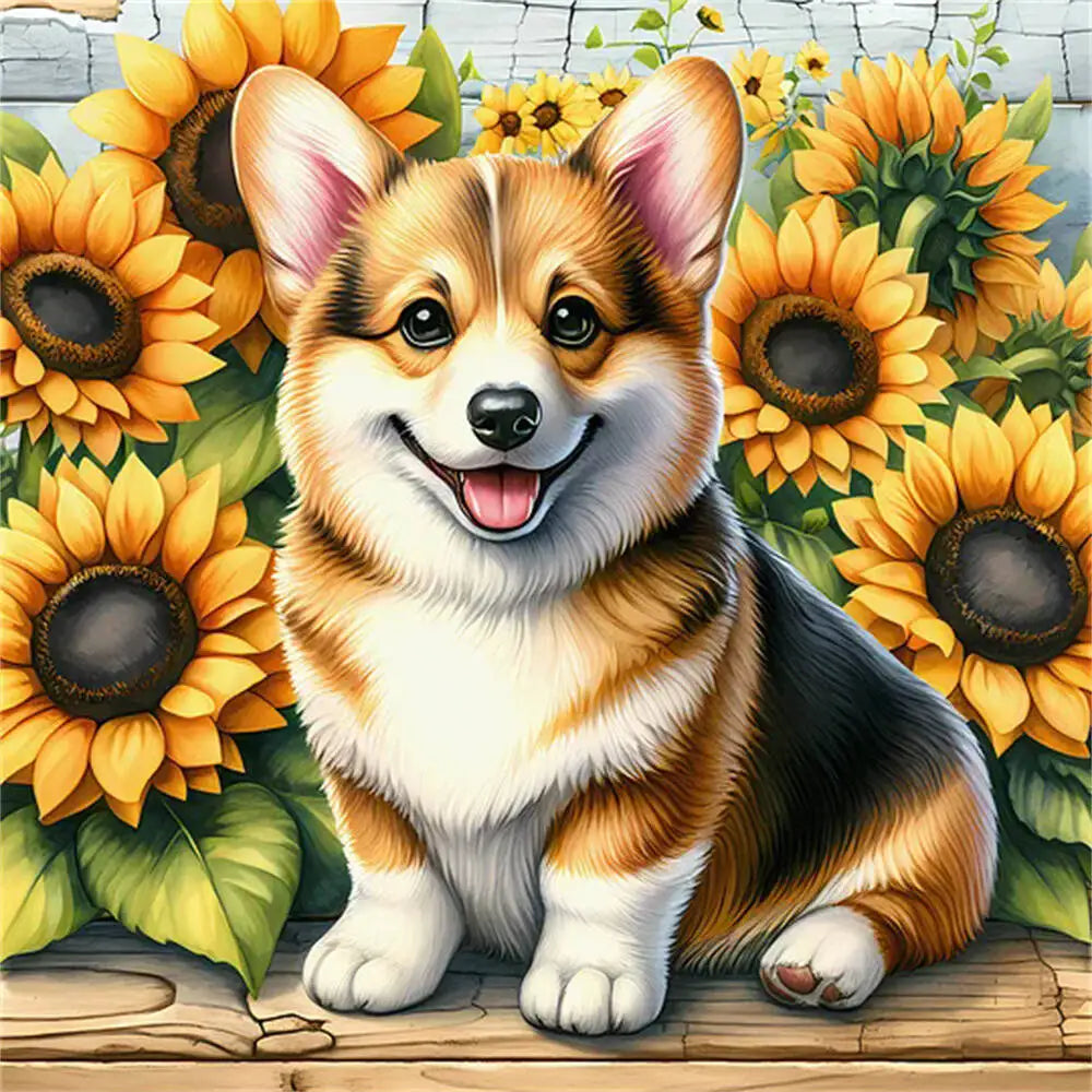 Huacan Diamond Mosaic Dog Animal Sunflower Flower Full Round Square Diamond Painting New Picture For Living Room Home Decoratio