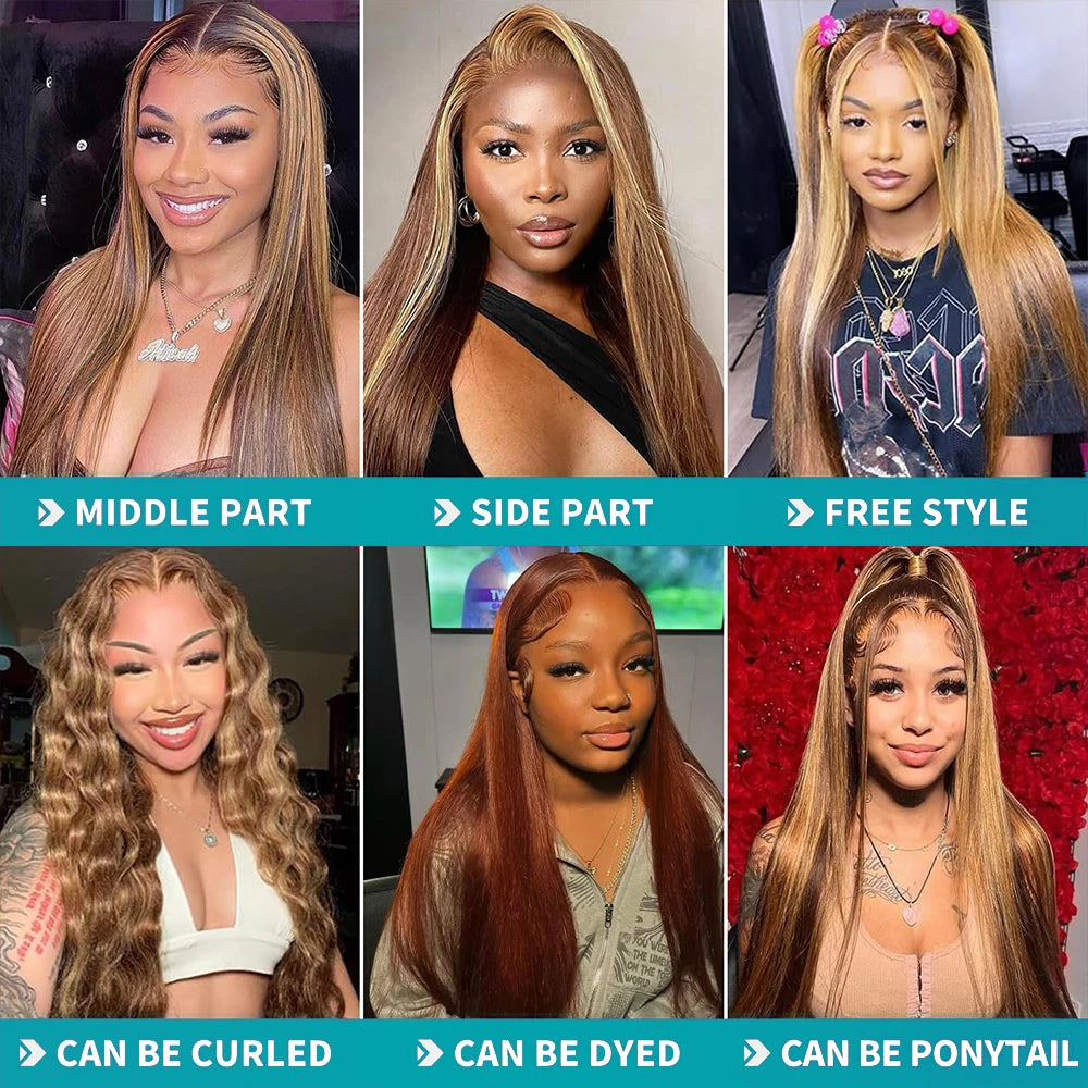 Highlight Ombre 13x6 Lace Front Wigs Human Hair Pre Plucked 200Density Straight HD Lace Frontal Wigs for Women 4/27 Honey Blonde