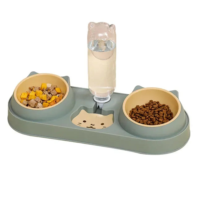 Automatic Double Bowl Feeder With Water Fountain Drinking Raised Stand