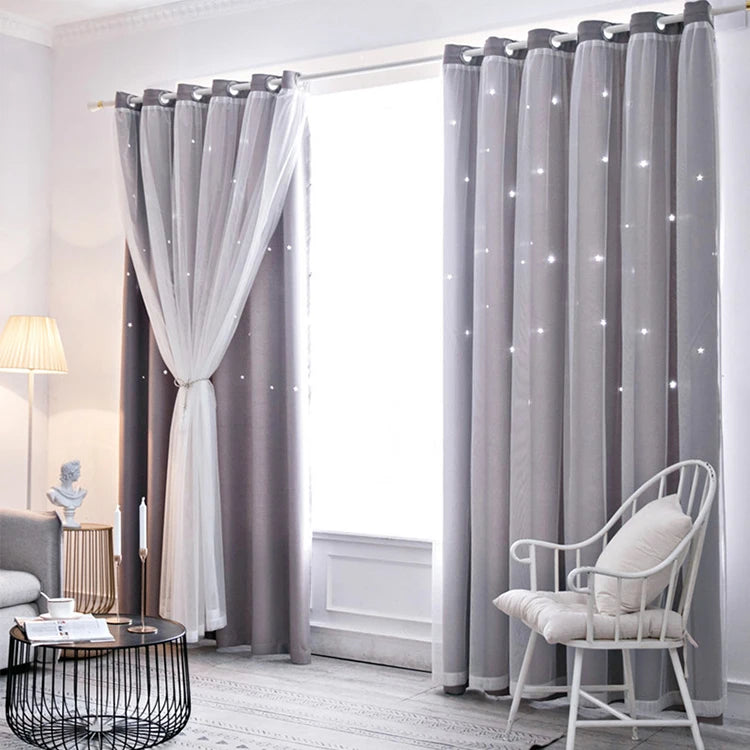 Double Layers Romantic Sheer Kids Children Girls Curtains With Hollow Out Stars For Living Room Bedroom Windows Drapes