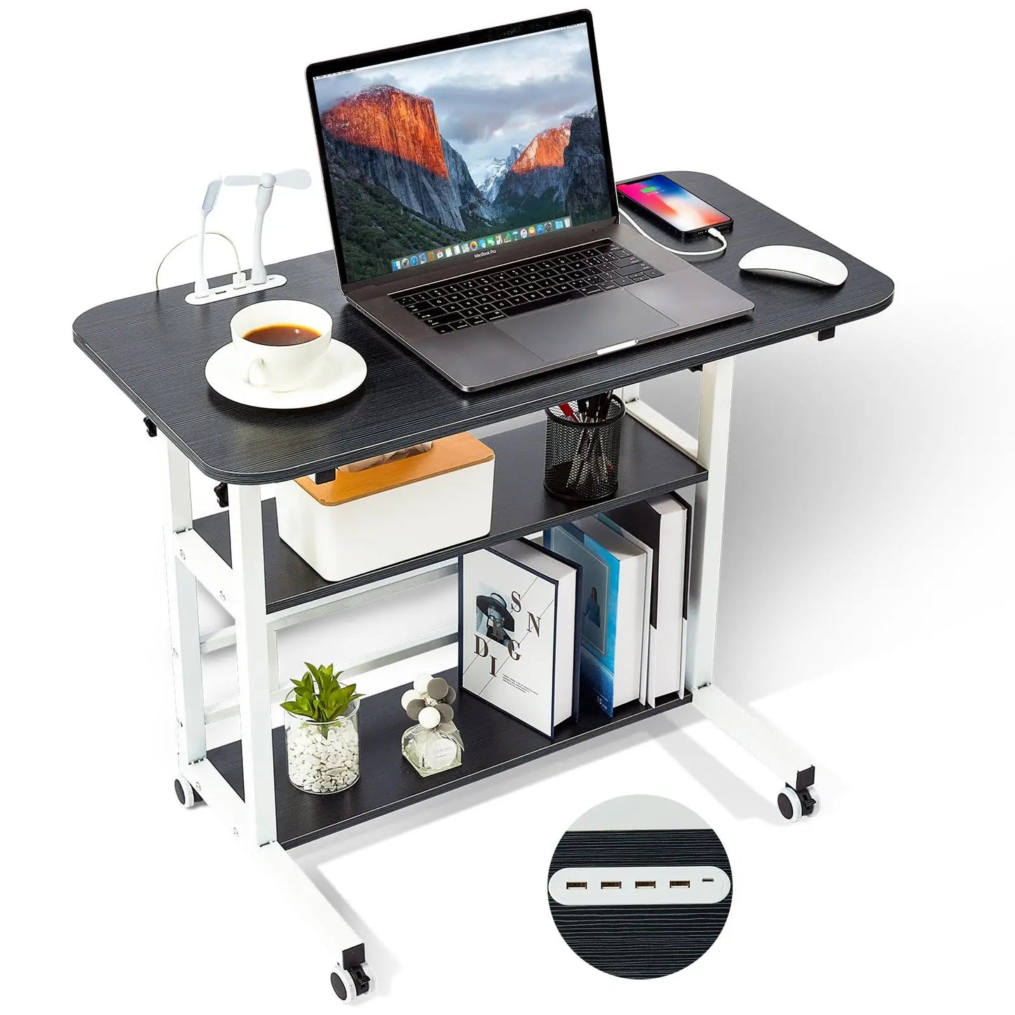Adjustable Height Student Computer Desk with USB Port, Mobile Portable Bedside Table with Storage, 31.5" Standing Desk for Sofa