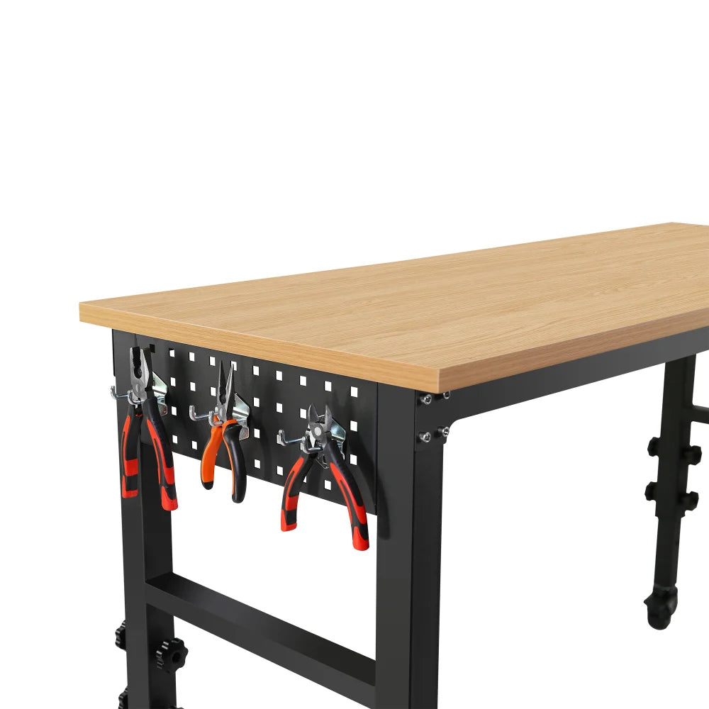 60" ×24'' Adjustable Workbench Rolling Heavy-Duty Worktable with Power Outlet and Wheels Large Load Capacity Rubber Wood Top