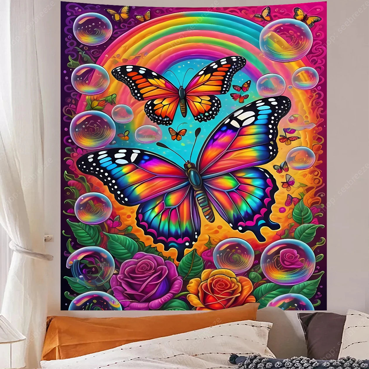 Butterfly Flower UV Reactive Tapestry Wall Hanging Hippie Boho Room Decor