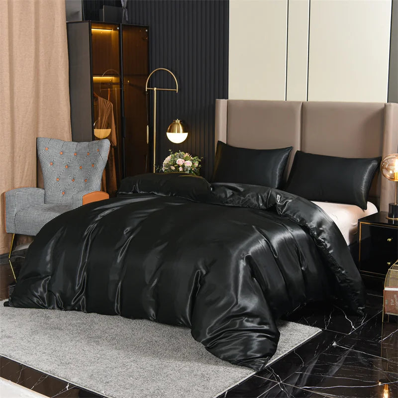Silk Black 3pcs Satin Duvet Cover Bedding Set