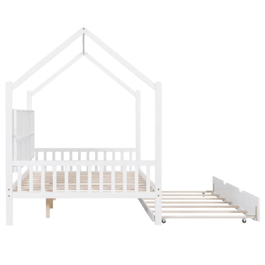 Wooden Full Size House Bed with Trundle Bed with Shelf