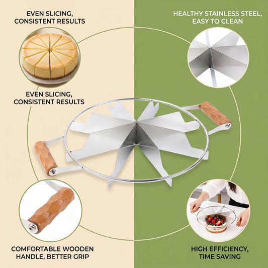 Stainless Steel Cake Slicer Divider with Wooden Handle, 6/10 Equal Portion Cutter for Pizza, Pie, Pastry, Baking Kitchen Tool