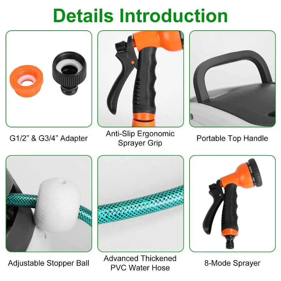 Retractable Garden Hose Reel Wall Mounted Automatic Water Hose Reel with Any Length Lock 8 Pattern Spraying Modes 180 Swivel Br