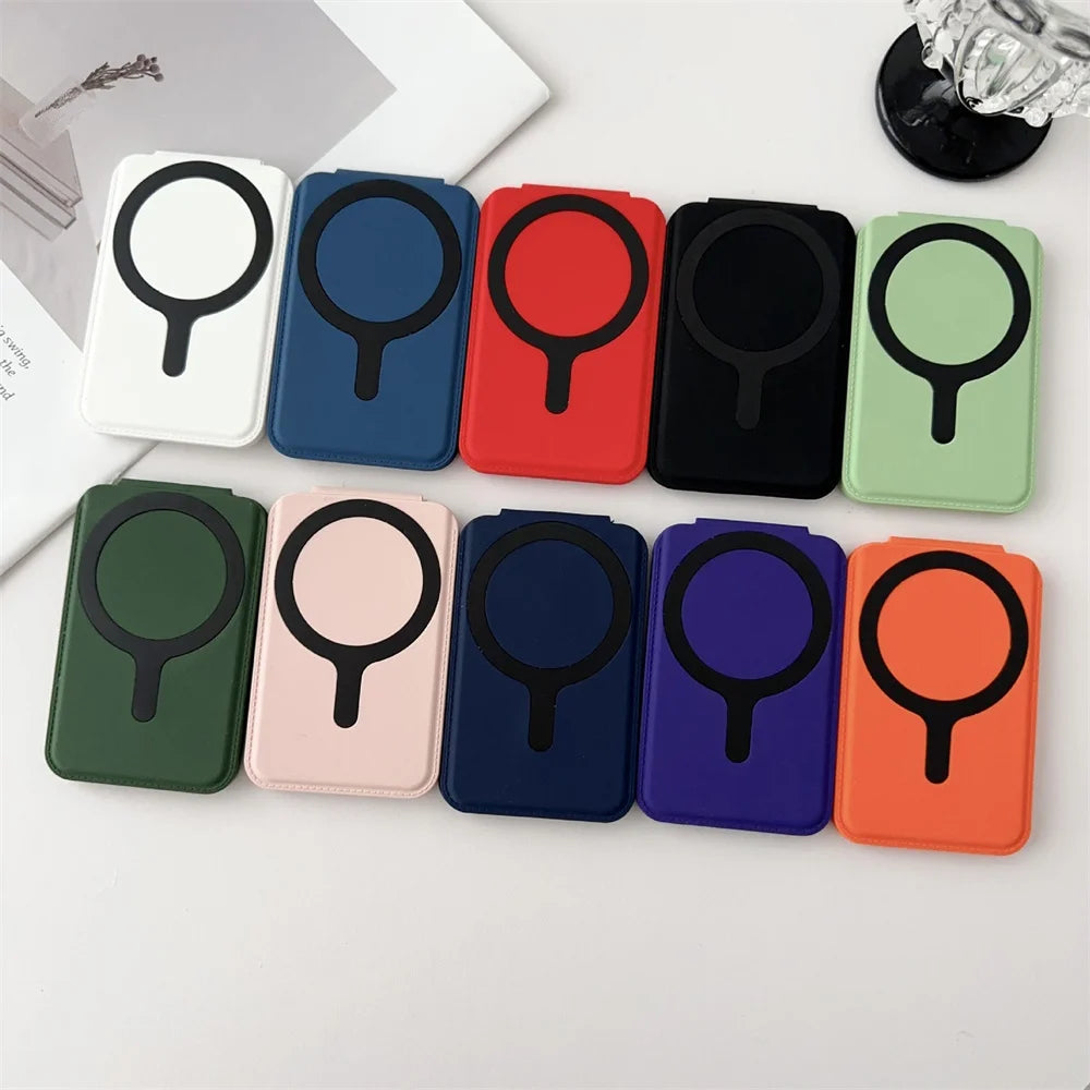 Luxury Magnetic Card Holder For iPhone 16 15 14 13 12 Pro Max Flip Make-up Mirror Silicone Bank ID Card Wallet Case