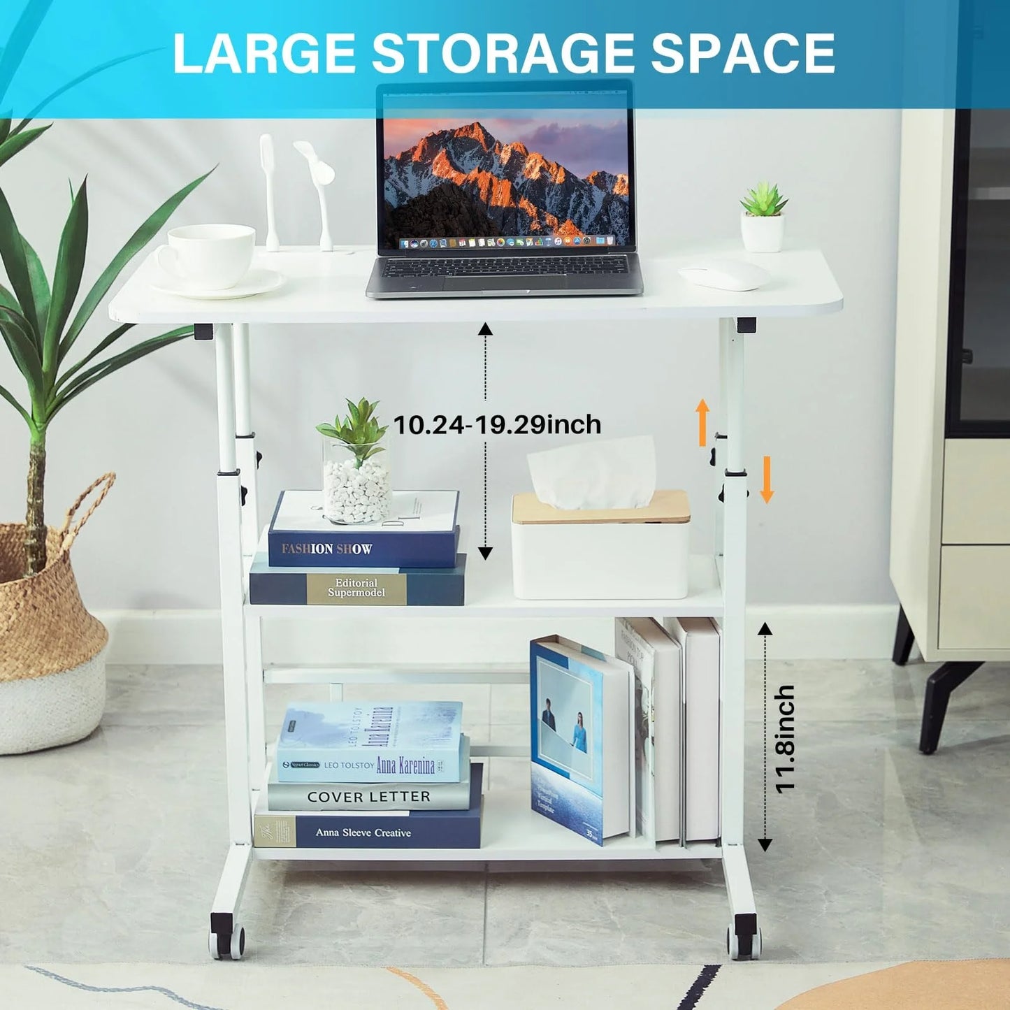 Adjustable Height Student Computer Desk with USB Port, Mobile Portable Bedside Table with Storage, 31.5" Standing Desk for Sofa