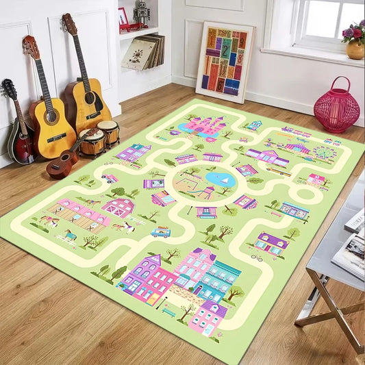 Pink Amusement Park Kids Play Rug, Interactive Town Road Track Carpet, Non-Slip Washable Play Mat for Toddler Bedroom Carpet