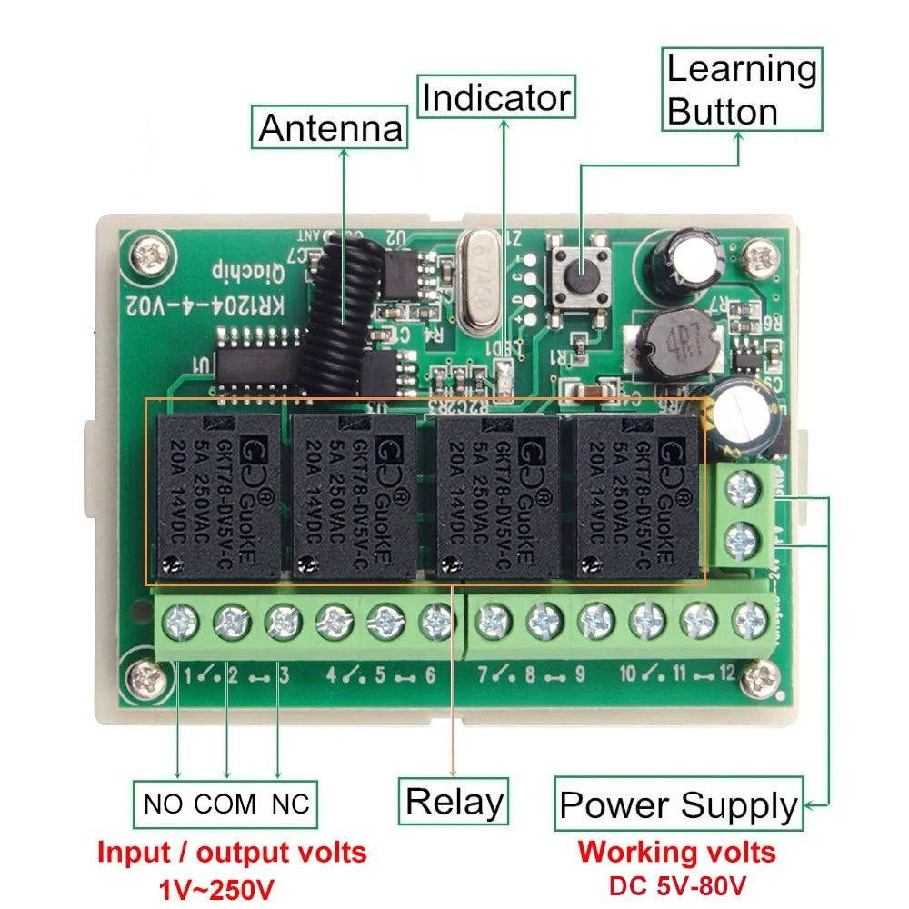 QIACHIP 4CH 433.92MHz Relay Module – DC 5V/12V/24V/48V 10A Wireless Remote Control Switch for EV1527, DC Motor DIY