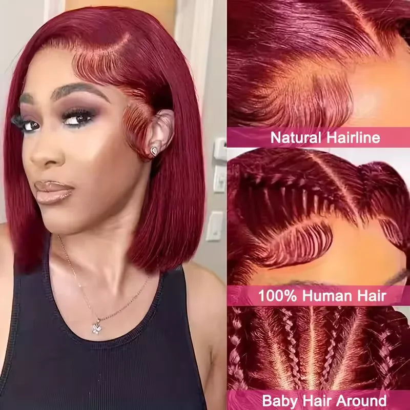 99J Burgundy Human Hair Wig 13x4 Bob Straight Pre Plucked Lace Wig Short Brazilian Human Hair Wigs For Women Wine Red Lace Front