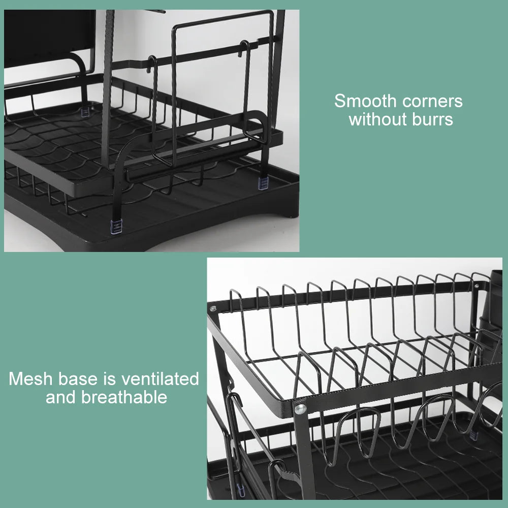 Sturdy 2-Tier Dish Drainer with Cutlery Holder & Drip Tray - Sleek Kitchen Sink Organiser