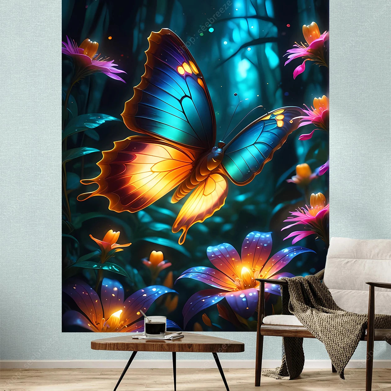 Butterfly Flower UV Reactive Tapestry Wall Hanging Hippie Boho Room Decor
