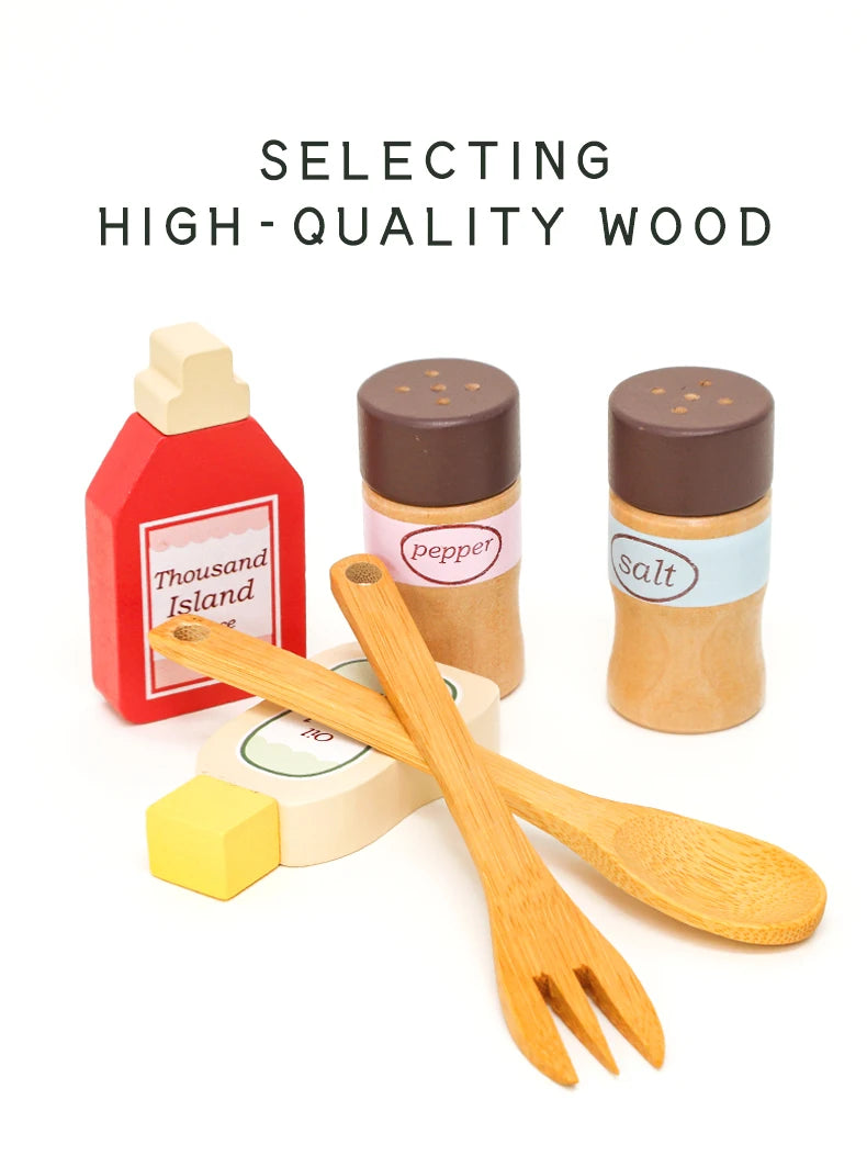 Kitchen Pretend Play Toys Wooden Simulation Food Accessories Pizza Salad Dessert Set Montessori Educational Toy for Toddler 3+