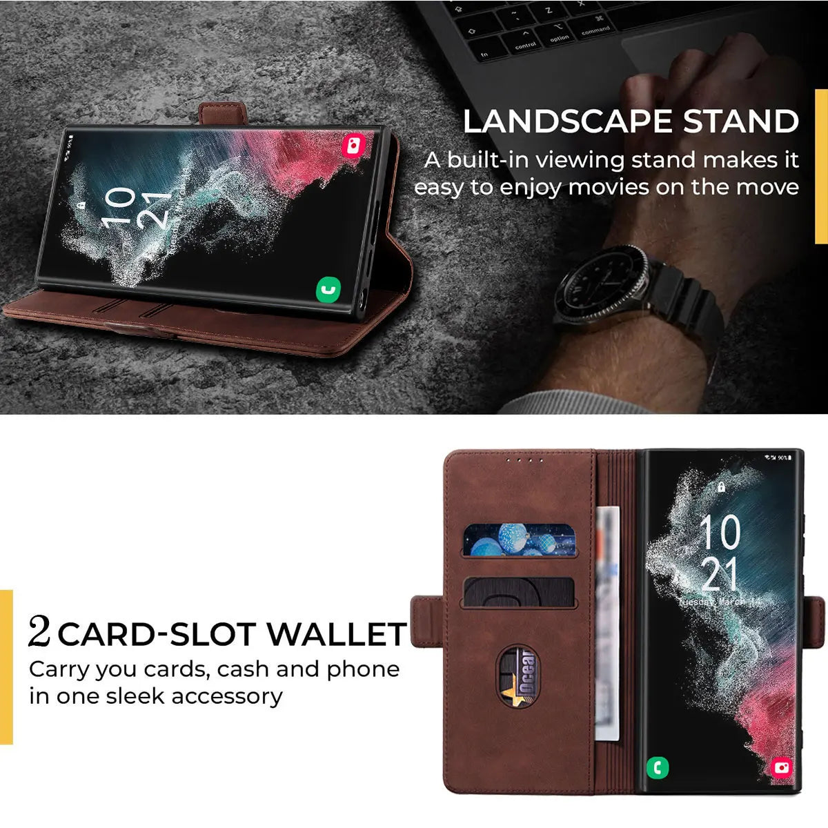 For Samsung Galaxy S22 Ultra 5G Leather Case Rugged Phone Flip Card Slots Magnetic Wallet Phone Cover Dark Brown