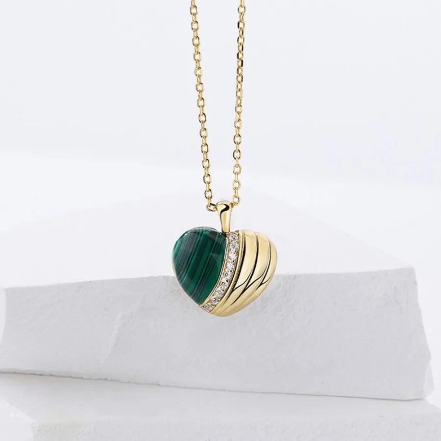 S925 Sterling Silver Malachite Love Necklace Female European And American Light Luxury Heart Pendant