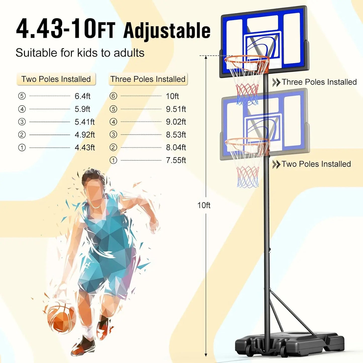 Adjustable Basketball Hoop Outdoor 10FT, Basketball Portable Hoops & Goals, 44 Inch Backboard,in The Backyard, Driveway