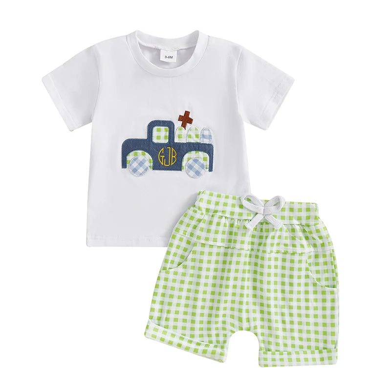Adorable Infant Boys Summer Outfits Embroidered Round Neck Tee and Shorts Set for Easter Celebrations - 2 Piece Set