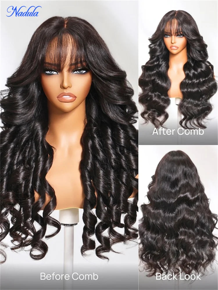 Nadula Hair 3D Body Wave Bangs Drawstring Glueless Human Hair Wig 7x5 Bye Bye Knots Glueless Wig Human Hair Ready to Wear 180%