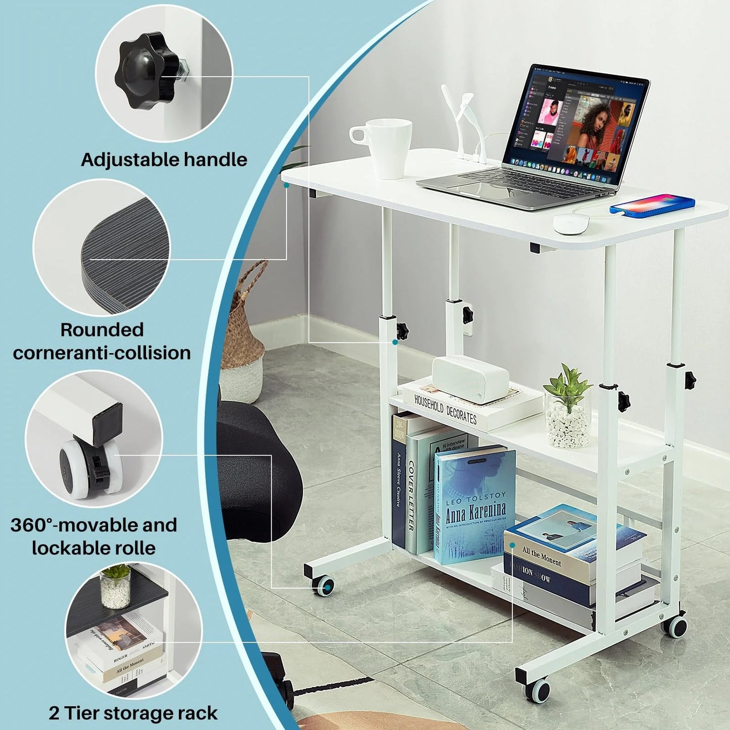 Adjustable Height Student Computer Desk with USB Port, Mobile Portable Bedside Table with Storage, 31.5" Standing Desk for Sofa