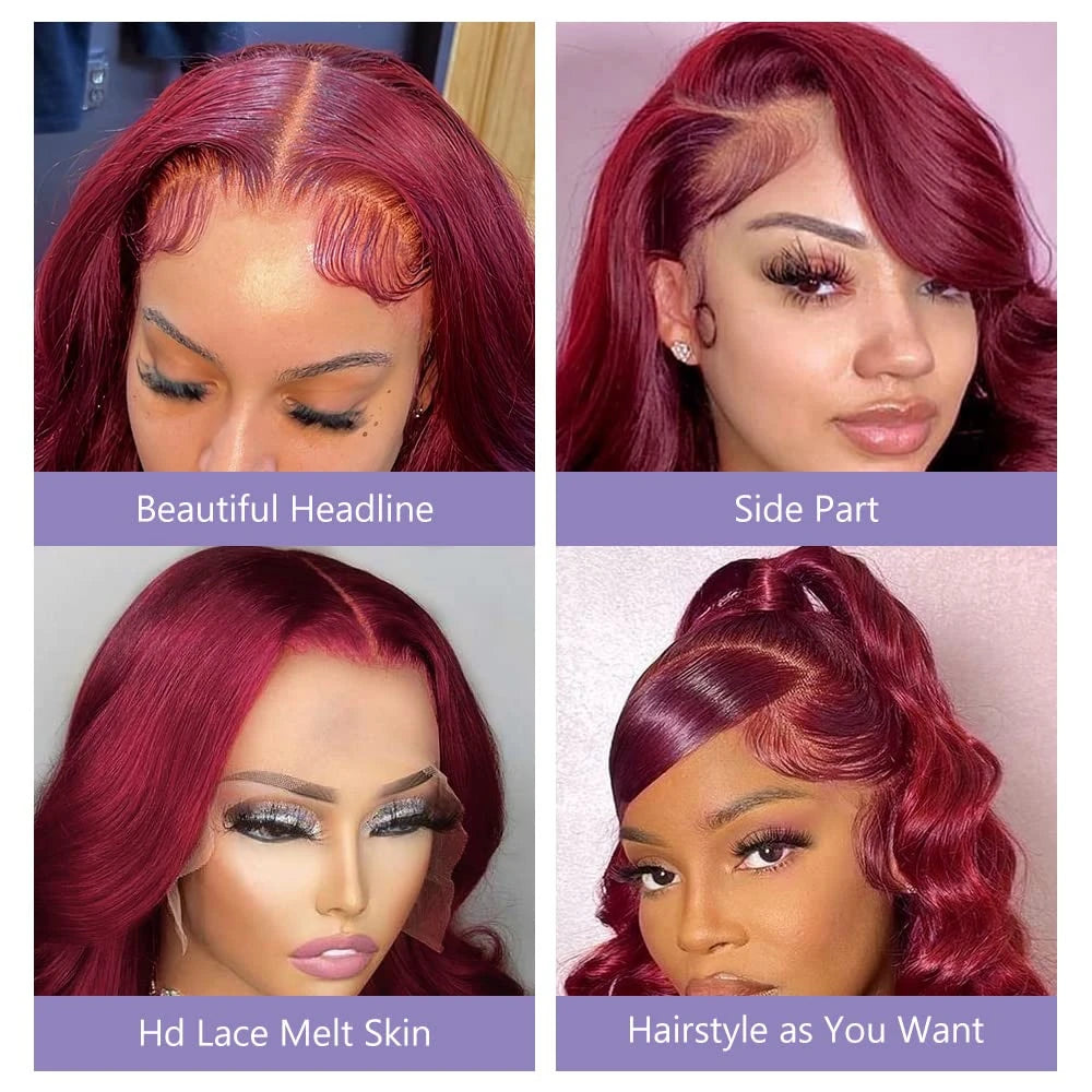 180% Density 13x4 Body Wave Hd Lace Frontal Human Hair Wig For Black Women Pre plucked 99j Lace Front Brazilian burgundy Wigs