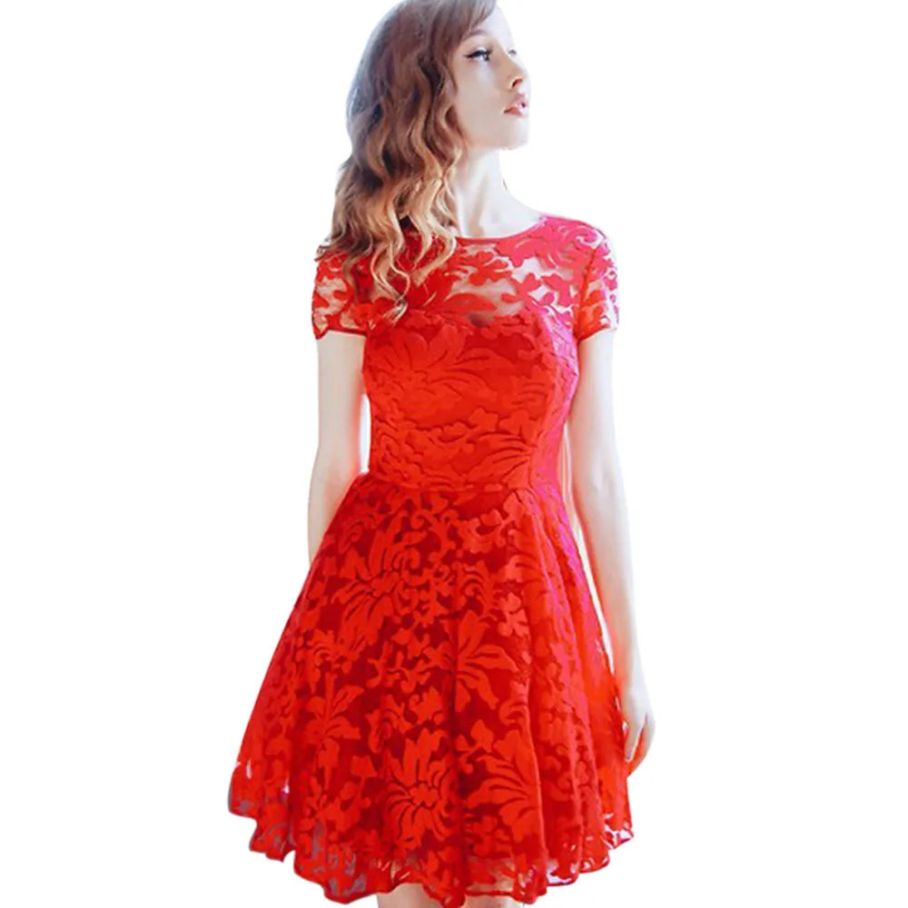 Women Summer Dress See-through Hollow Out Lace Short Sleeves Big Hem Mini Dress Round Neck A-line Prom Dress Women Clothes