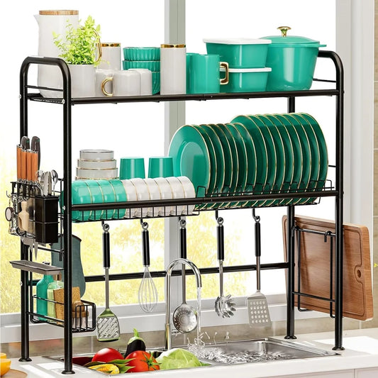 Over The Sink Dish Drying Rack, Metal Dish Drying Racks for Kitchen Counter with Hooks, Utensil Holder, 85cm, Kitchen Essentials
