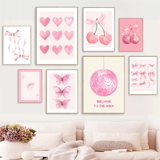 Trendy Pink Bows Preppy College Watercolor Bows Coquette Girly Poster Print Wall Art Pictures Canvas Painting Room Home Decor