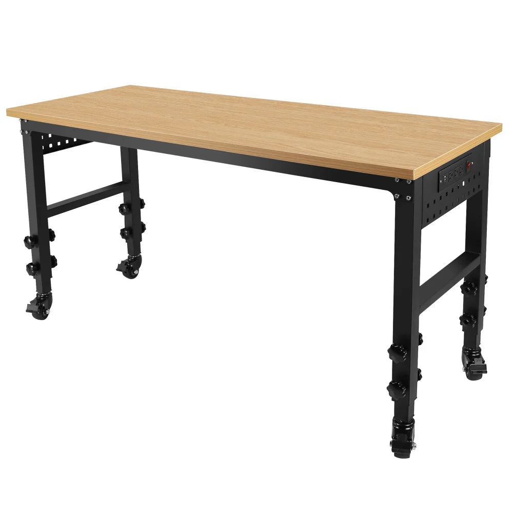 60" ×24'' Adjustable Workbench Rolling Heavy-Duty Worktable with Power Outlet and Wheels Large Load Capacity Rubber Wood Top