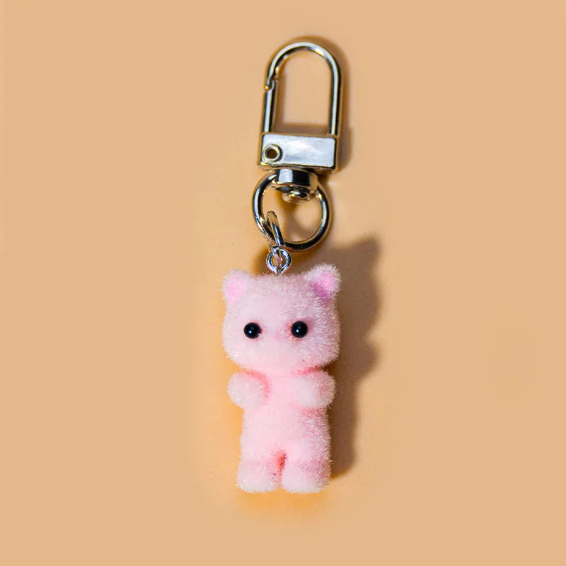 Cute Flocking Cat Keychain 3D Love Phone Pendant Headphone Case Charm Bag Decor Car Key Ring Jewelry Gift