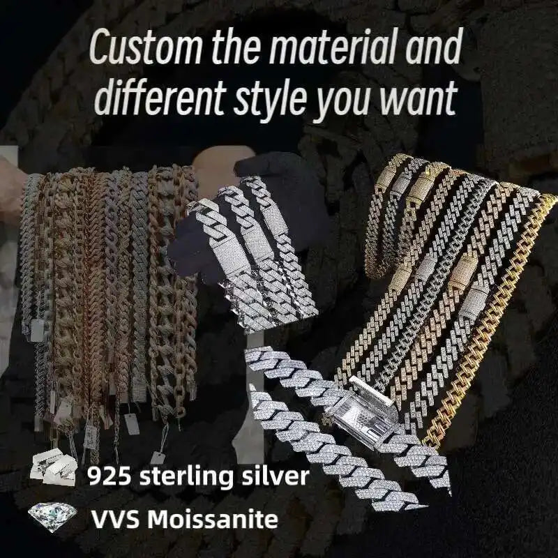 25MM Iced Out Hiphop Chain 925 Sterling Silver Buss Down Baguette Round VVS Moissanite Cuban Chain