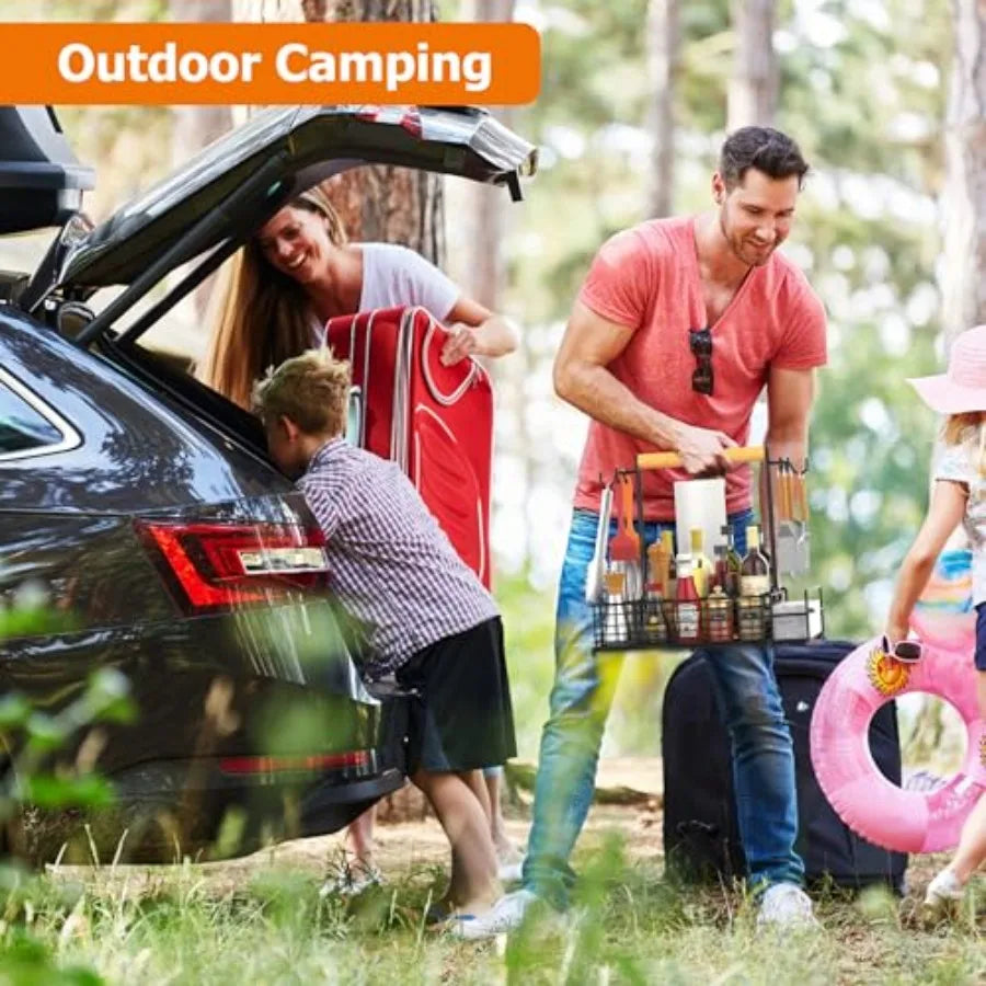 Large Grill Caddy with Paper Towel Holder Side Hooks Utensil Holder Wooden Handle Storage BBQ Tools for Picnic RV Patio Camping