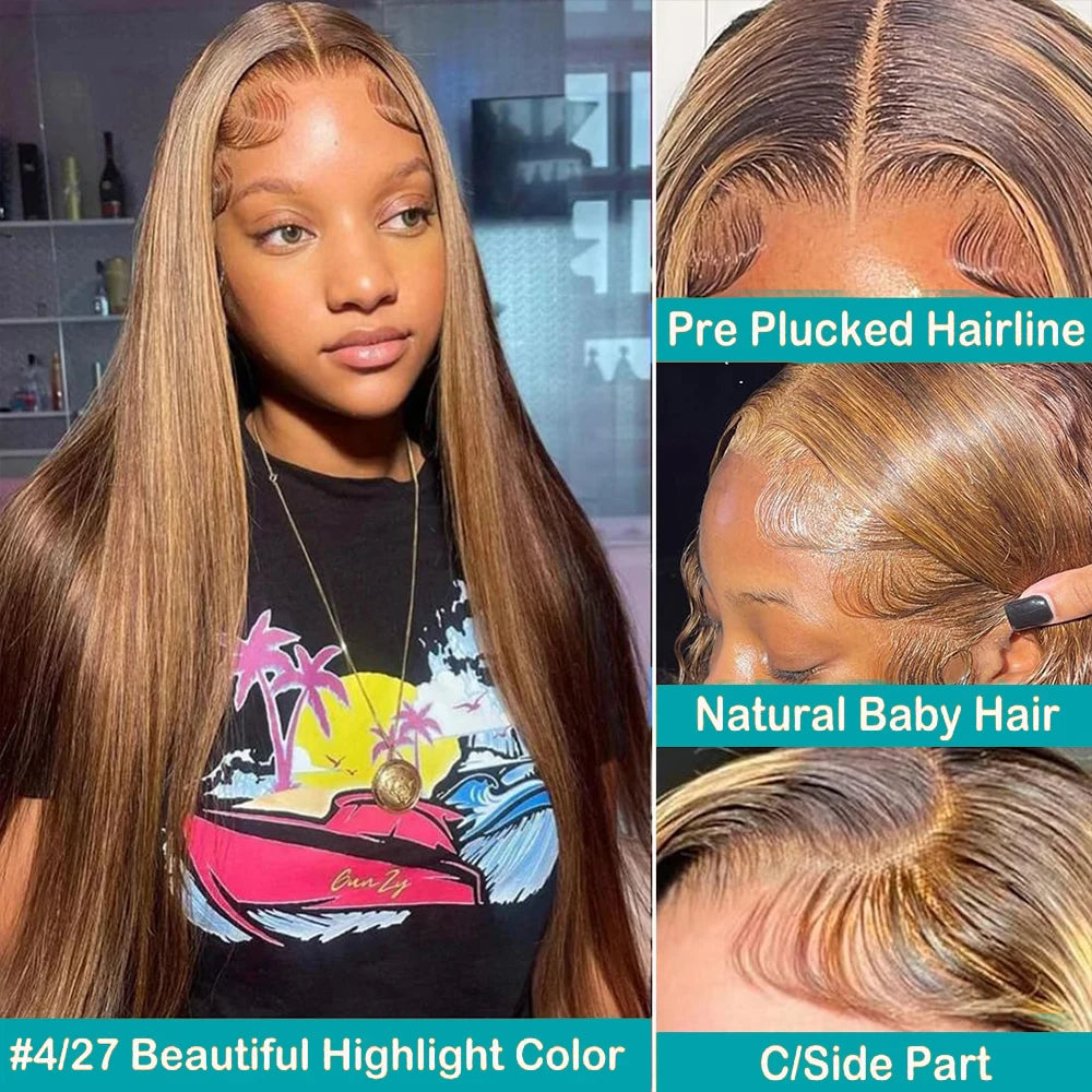 Highlight Ombre 13x6 Lace Front Wigs Human Hair Pre Plucked 200Density Straight HD Lace Frontal Wigs for Women 4/27 Honey Blonde