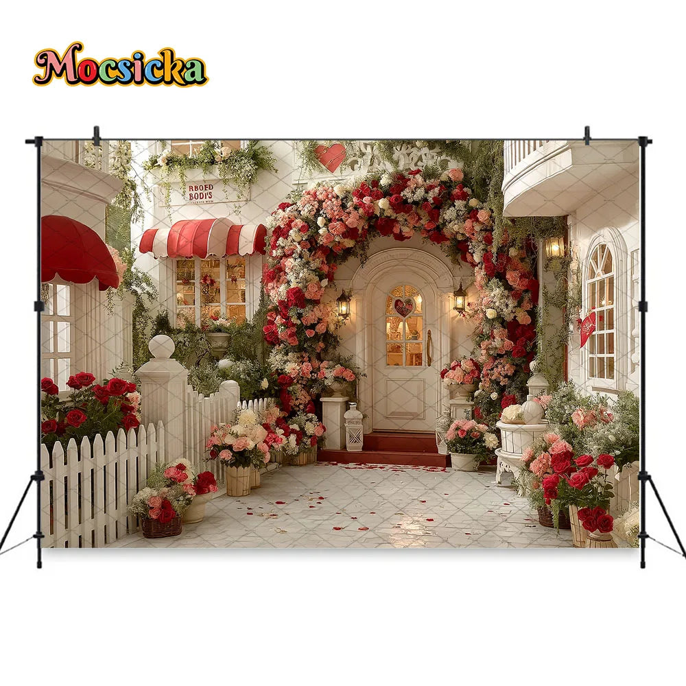 Mocsicka Valentines Day Flower Shop Backdrop Photography Red White Striped Floral Garden Background Kid Photo Shoot Studio Decor