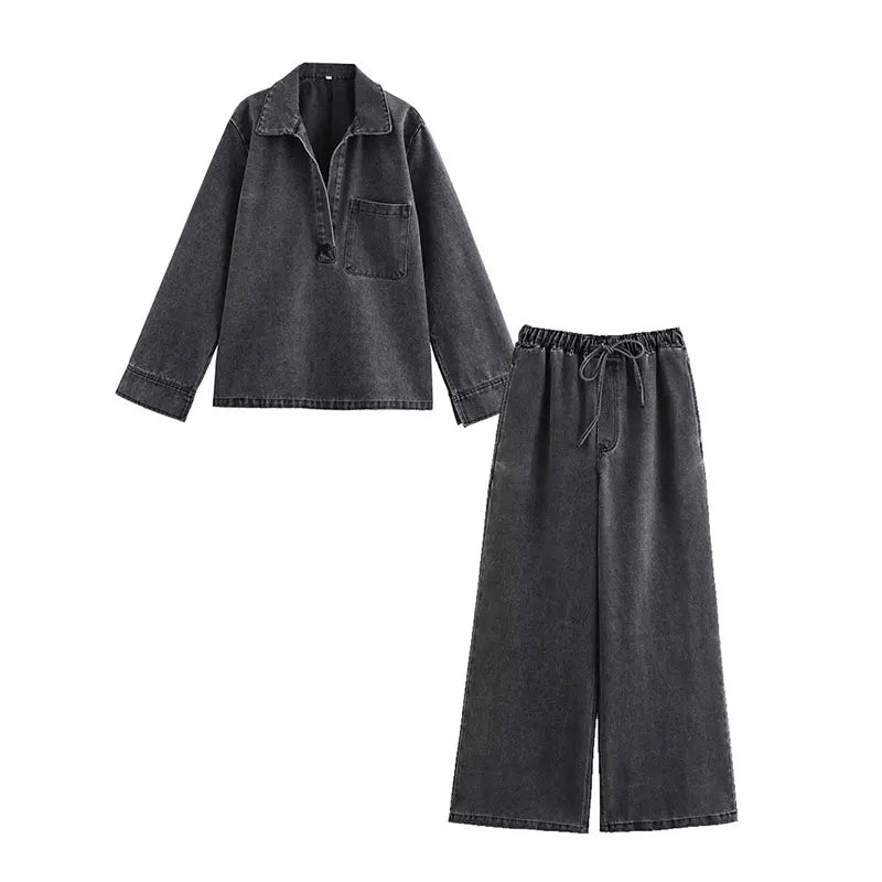Turn-down Collar Two Piece Jean Set