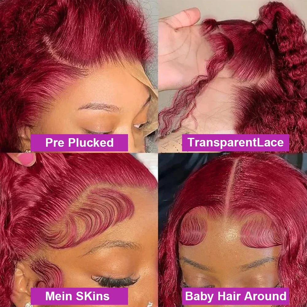 99J Burgundy Colored Curly Wig Transparent 13x6 Lace Frontal Human Hair Preplucked 13x4 HD Lace Frontal Deep Wave Wigs For Women