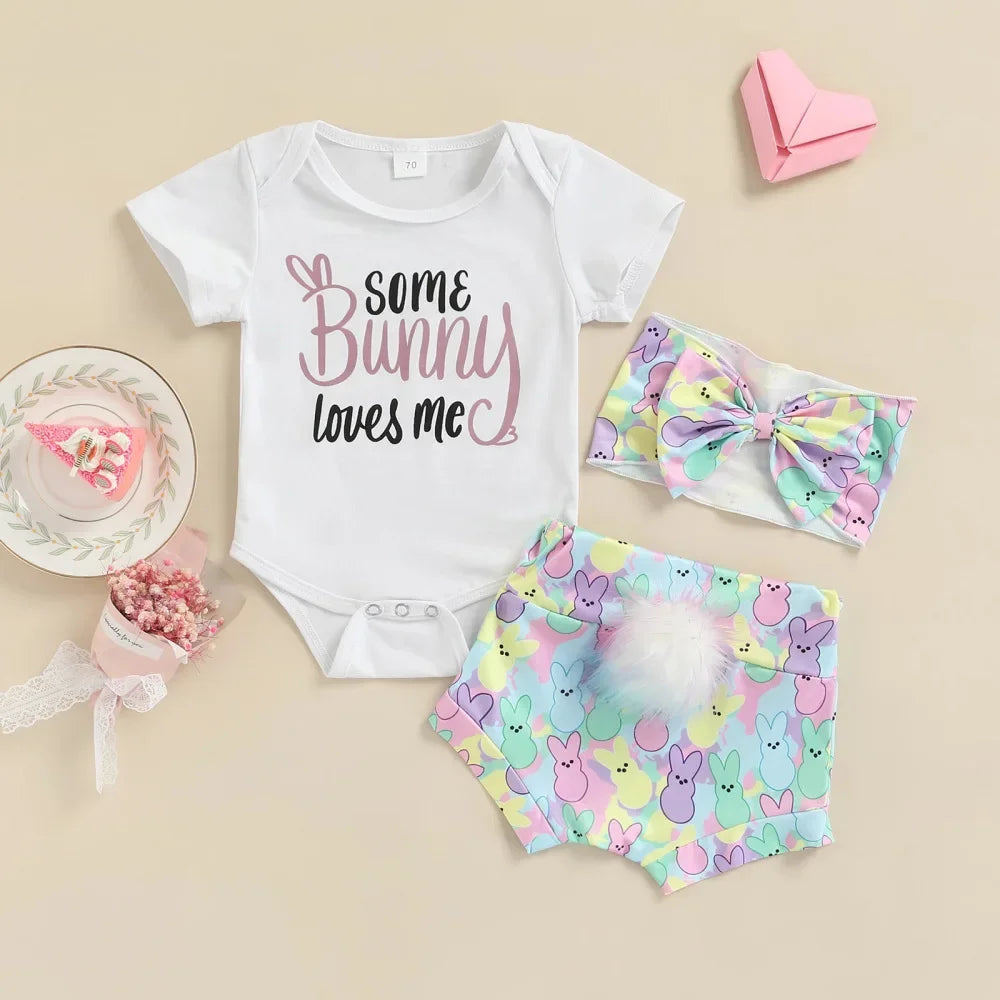 Children's Wear 2025 Easter Set Infant and Toddler Letter Short Sleeve Rabbit Printed Shorts Set